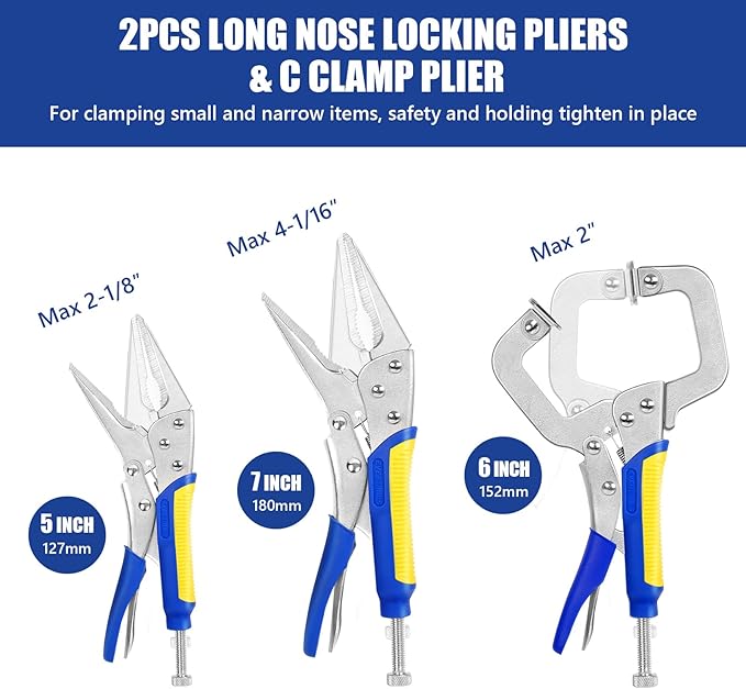 6-Piece Locking Pliers, Heavy Duty Vice Grips Set, 5", 7" & 10" Curved Jaw & 6-1/2" & 9-1/2" Long Nose, 6" C-Clamp, for Welding and Metal Bending.