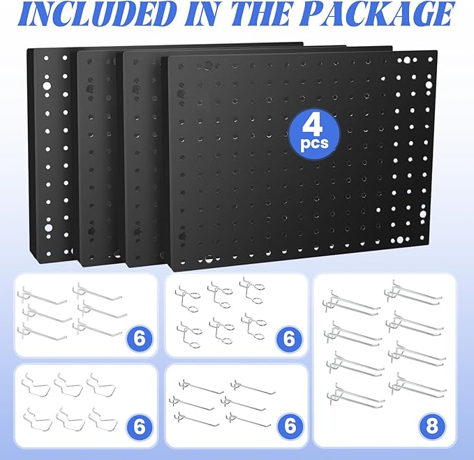 Heavy Duty 4 Panel 16" X 12" Metal Peg Board with 32 Varied Sturdy Hooks, Used for Tool Storage and Garage Organization. Peg Board Organizer Accessories, Black