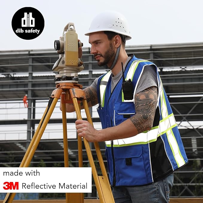 Dib Safety Vest Reflective Blue Mesh, High Visibility Vest with Pockets and Zipper, Heavy Duty Vest Made with 3M Reflective Tape S