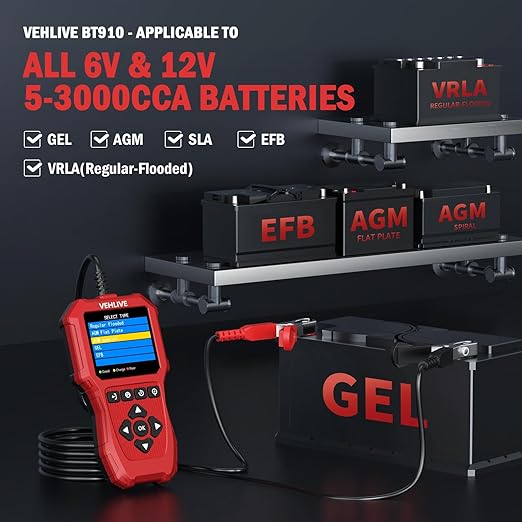 Car Battery Tester 6V 12V, 5-3000CCA Battery Load Tester, Automotive Alternator Tester Digital Auto Battery Analyzer Charging Cranking System Tester for Car Truck Motorcycle SUV ATV Boat Yacht