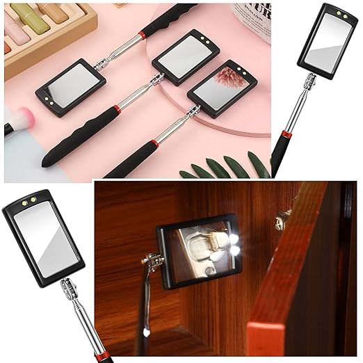 3 Pieces Telescoping Inspection Mirror Inspection Tool for Check the Condition of Vehicle, Observe the Eyelashes, Mouth and Other Small Parts(Rectangle with Light,7.9 x 2.5 x 1.2 Inch)