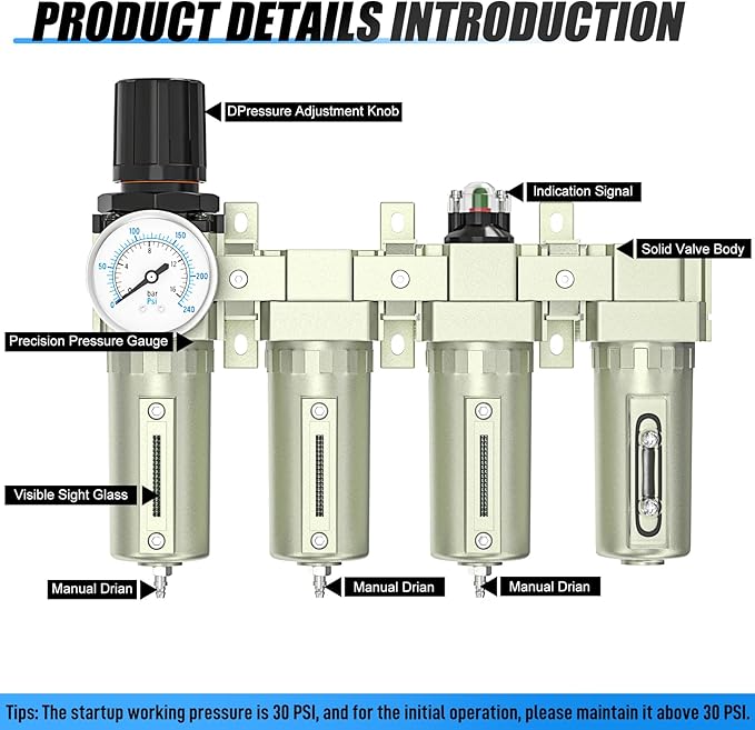 1/2" NPT Heavy Duty Industrial Grade 4 Stage Air Drying System,Coalescing Filter,Double Particulate Filter,Desiccant Dryer and Air Regulator,Manual Drain,For Plasma Cutter and Paint Spray