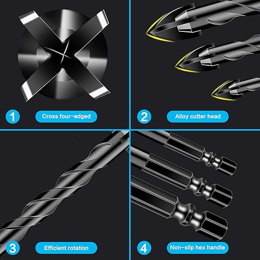 11-pc Carbide Masonry Concrete Drill Bit Set for Stone Tile Brick Ceramic Glass Metal Sheet Plastic Wood, Quick Change 1/4" Hex Shank, Size 3/16" 1/4" 5/16" 3/8" 1/2" with Storage Case