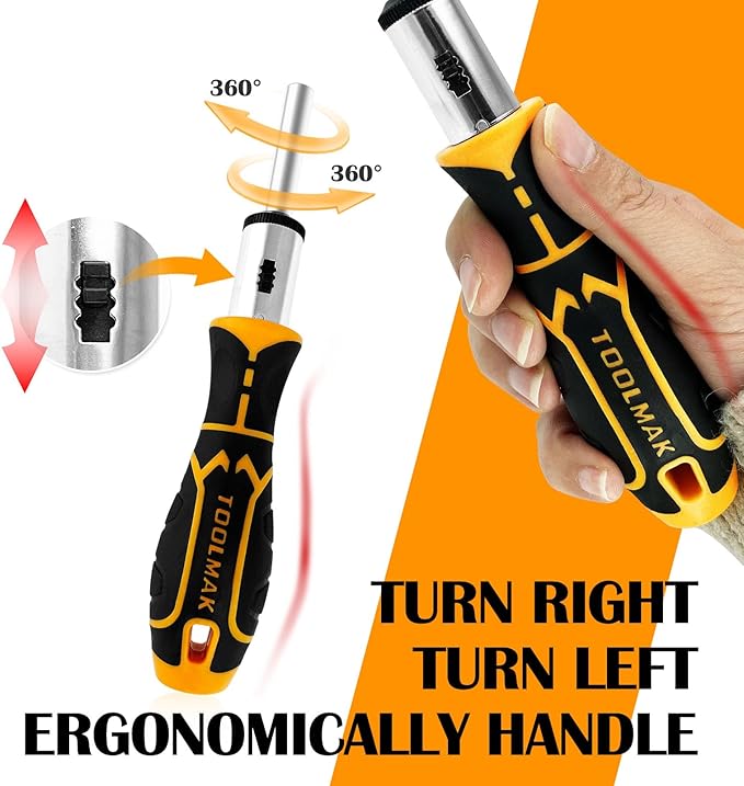 13-in-1 Ratcheting Screwdriver Set, Adjustable Multi-bit with Magnetic Tips (Flat, Phillips, Torx, Hex, Square, Nut Drivers), Cushion Grip Handle