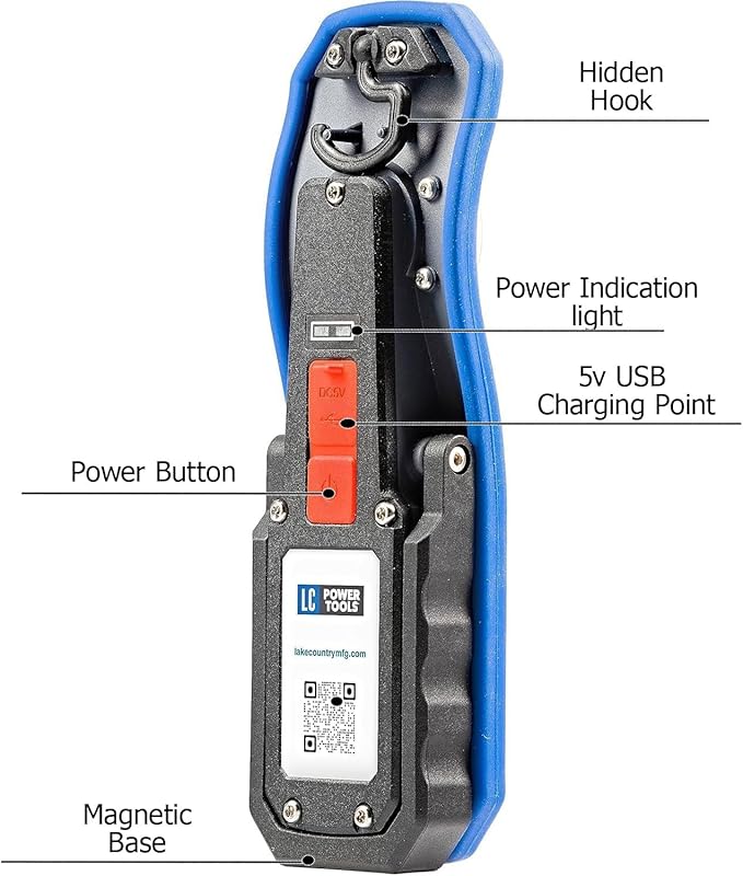 Lake Country Paint Inspection Light – Detailing LED Light w/Retractable Hook, Flip-Out Magnetic Base and Charging Cable - 1350 Lumens