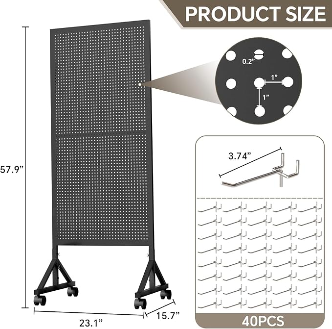 Metal Pegboard Display Stand 2 x 4.9 Feet, Adjustable Height with 40 Peg Board Hooks and Wheels, pegboard display rack, Craft Display Rack, Retail Display Rack, Garage Peg Board, Pegboard