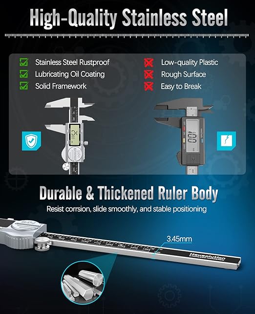 Digital Caliper 6 Inch, (ABS) Absolute Scale Caliper, IP54 Caliper Measuring Tool, Inch/MM/Fraction, Auto-Off LCD Stainless Steel Waterproof Micrometer Vernier Caliper, with Feeler Gauges