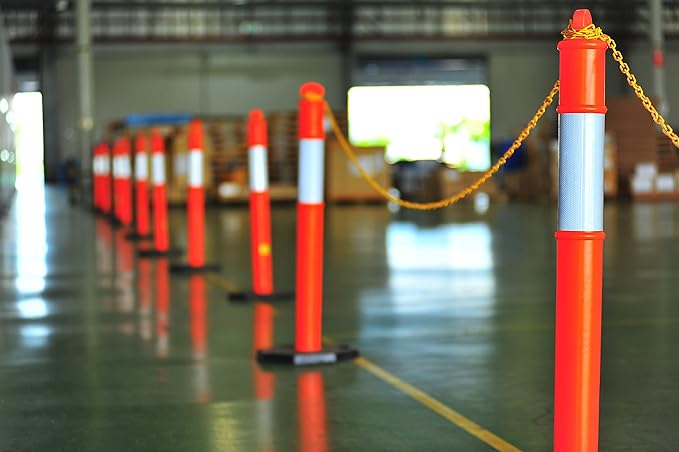 CJ Safety 44" Orange PE Delineator Post Cone, 44" Height Post, 10 lbs Recycled Rubber Base, 10" Reflective Band for Industrial (Set of 9)