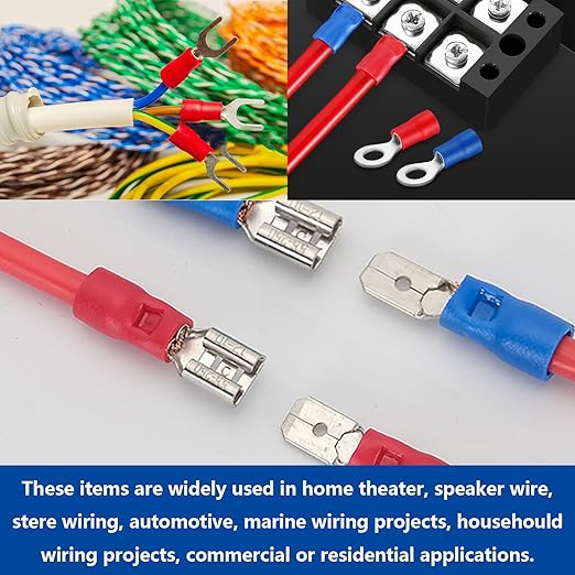 Tnisesm 300Pcs Spade Connector,Crimp Connectors 2.8mm 4.8mm 6.3mm Male and Female Spade Connector kit, 16 Types Crimp Terminals Electrical Connectors Includes Spade Ring Fork Wire Connectors