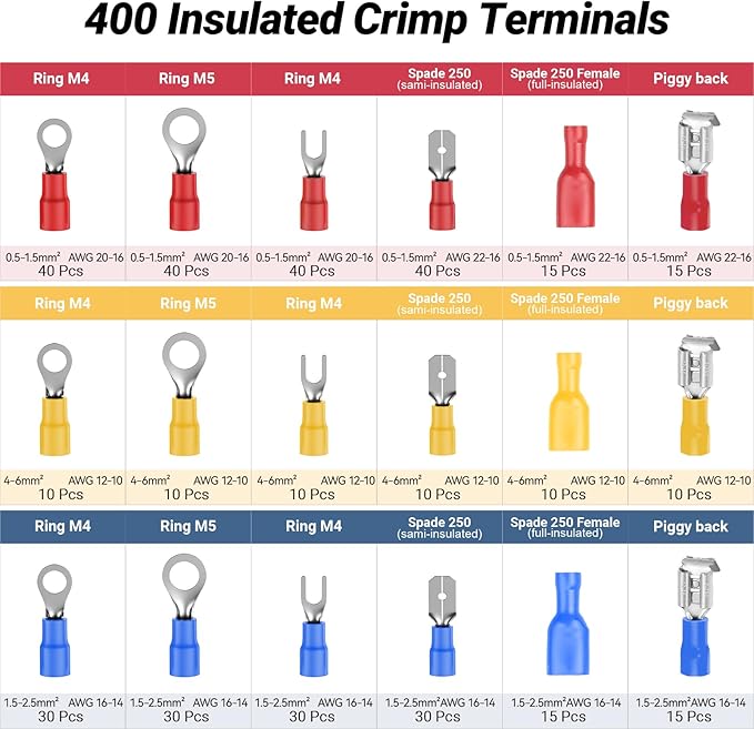 Preciva Crimping Tool Kit for Insulated Wire Connectors, AWG20-10 Ratcheting Wire Terminal Crimper with 400Pcs Insulated Connectors