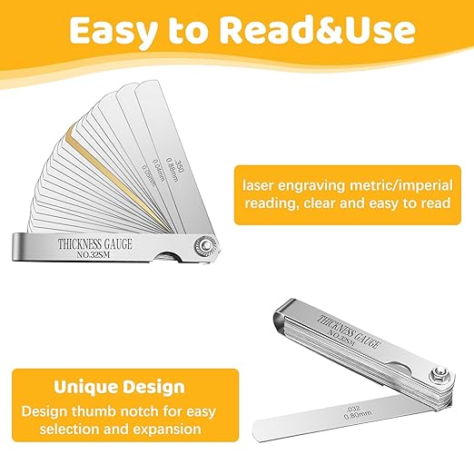 32 Blades Stainless Steel Feeler Gauge, Metric and Imperial Gap Measuring Tool Width and Thickness Feeler Gage Gauge for Spark Plug, Valve Adjustment Tool, 0.04-0.88 mm (0.0015-0.035 Inch)