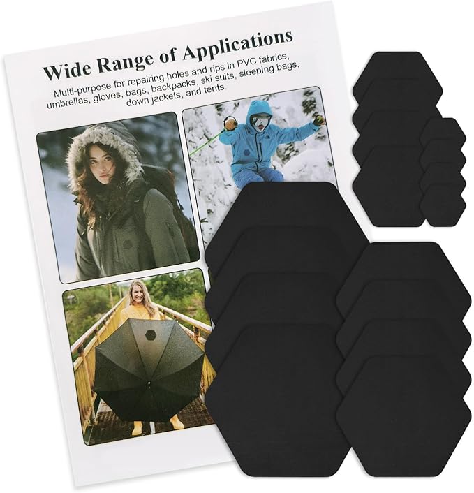 J.CARP 16PCS Nylon Repair Patches, Self Adhesive & Waterproof Patches, Nylon Repair Patches for Down Jacket, Clothing, Holes, Tents, Sleeping Bags, Umbrella, Etc(Black)