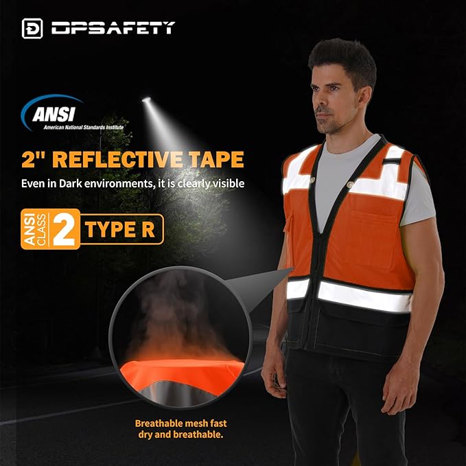 Reflective Safety vest With back plan pocket,High visibility Class 2 Heavy Duty Surveyor Vest with Zipper,Hi Vis Construction Work Vest for Men＆Women ANSI/ISEA(Orange-Bottom,M)