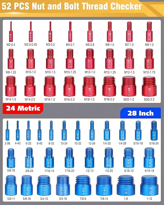 Thread Checker, 52pcs Nut and Bolt Thread Checker, 28 Inch & 24 Metric Box Set Thread Gauge, Bolt Size Finder for Size Check on Tricky and Narrow Area