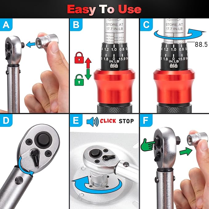 Toolwiz Bike Torque Wrench Set 1/4-Inch Drive 2-26 Nm 17.7-230.1 In-Lb 15 Pieces Torque Wrenches Tool Kit 72 Tooth Dual-Direction Click Type for Bicycle, MTB, Car Repair, Home Maintance