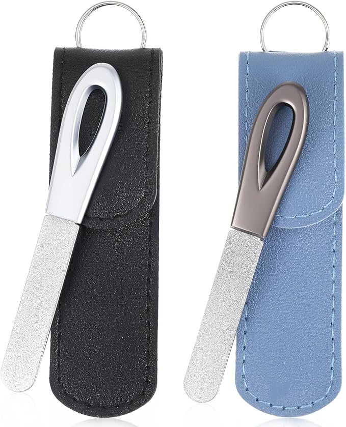 2 Pcs Stainless Steel Nail File,Metal Nail Files for Natural Nails,3.5IN Diamond Round Tip Stainless Steel Double Metal Nails File with Leather Sheath Travel (Black,Blue