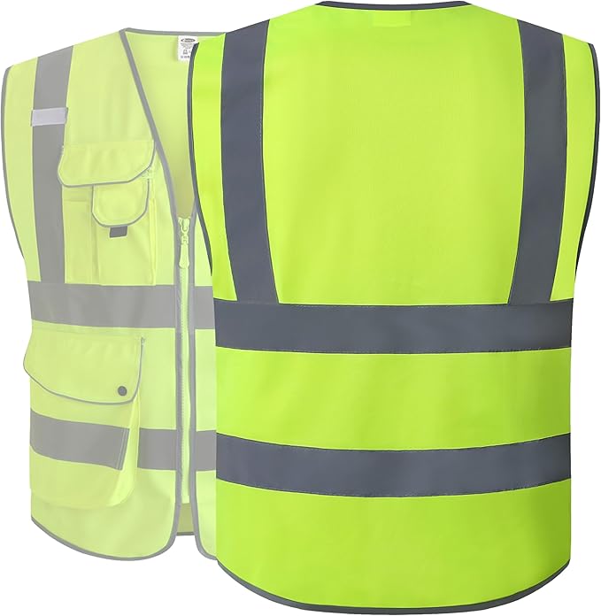 JKSafety 9 Pockets Class 2 High Visibility Zipper Front Safety Vest With Reflective Strips,Meets ANSI/ISEA Standard (Small, 150-Yellow)