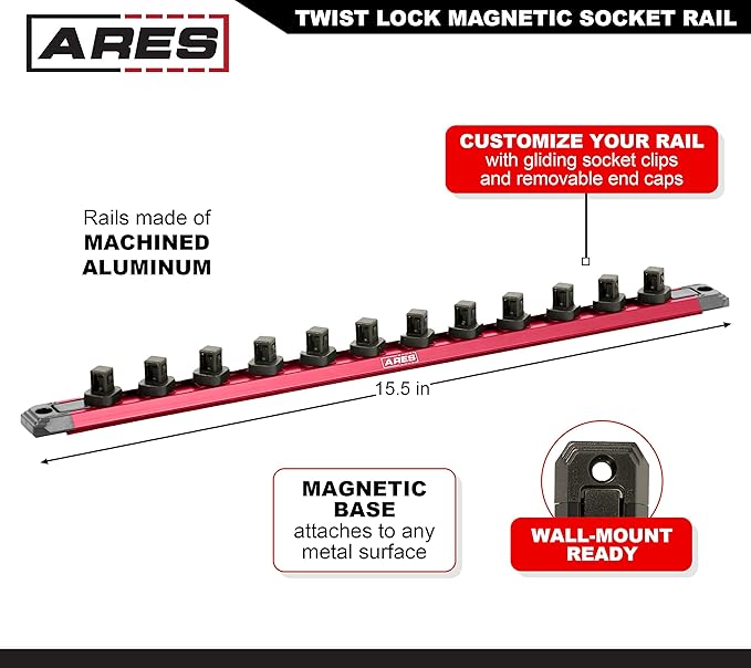 ARES 60169 – 3/8-Inch Drive 15.5-Inch Red Twist Lock Magnetic Socket Rail - Store up to 12 Metric or SAE Sockets and Keep Your Tool Box Organized – Magnetic Base for Easy Socket Organization