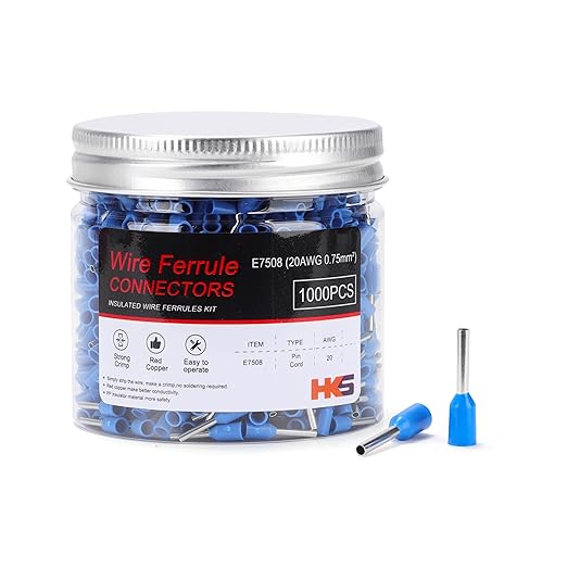 HKS 1000PCS Wire Ferrule Connectors - AWG 20-0.75mm² Copper Barrel Pin Cord Ends Insulated Ferrules Terminals - E7508 Blue