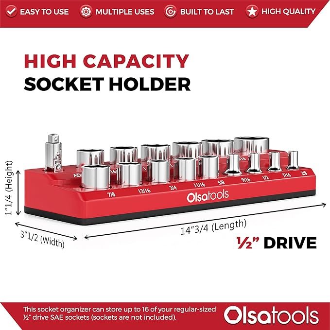 Olsa Tools Magnetic Socket Organizer | 1/2-inch Drive | SAE | RED | Holds 16 Sockets | Professional Quality Tools Organizer