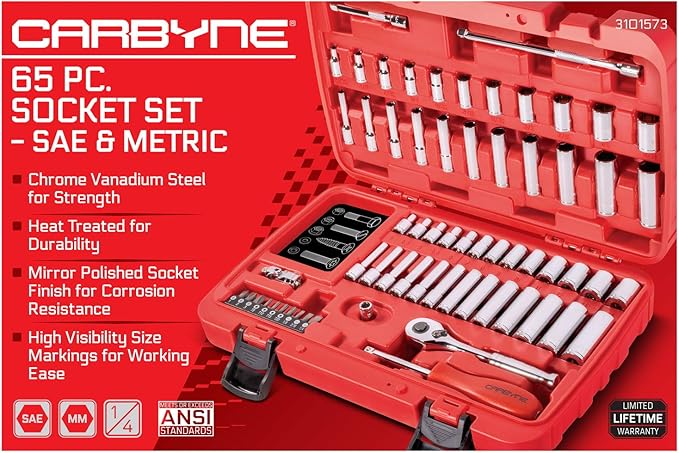 CARBYNE 1/4" Drive 6 Point Socket & Ratchet Set - 65 Piece | SAE & Metric. Includes Metric 4mm to 14mm, SAE 5/32" to 9/16. Chrome Vanadium Steel • From a Family-Run Tool Company Based in the U.S.A.