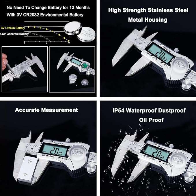 Kynup Digital Caliper, Measuring Tool, Digital Micrometer Caliper with Stainless Steel, IP54 Splash Proof Protection Design, Inch Metric Fraction Conversion, Large LCD Screen (6Inch/150mm)