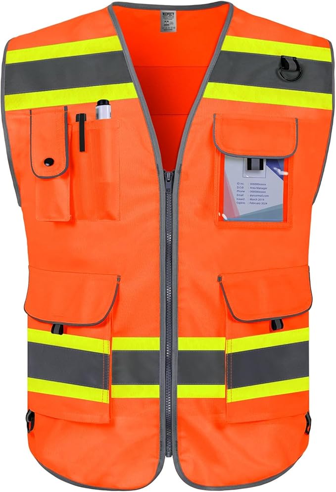 TCCFCCT Safety Vest 9 Pockets High Visibility Reflective Safety Vest for Men Women, Hi Vis Work Vest with Fluorescent Yellow Extend Edge for Workers, Surveyors, Meets ANSI/ISEA, (DB-Orange, 3X-Large)