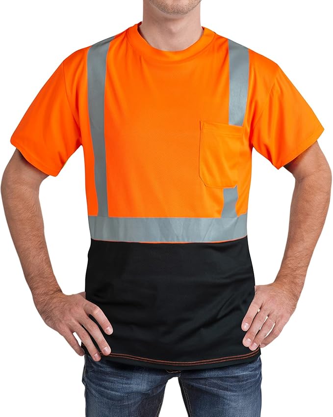 High Visibility Shirts Quick Dry Safety T Shirts with Reflective Strips and Pocket Short Sleeve Mesh Hi Vis Construction Work Class 2 Shirt for Men/Women Black Bottom Orange,3XL