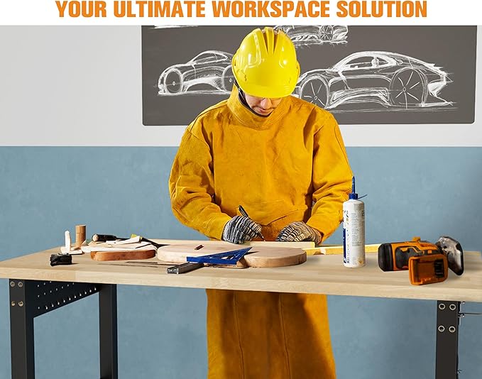 SPECRAFT 96“ Adjustable Heavy Duty Workbench with 4 AC Outlet and 2 USB Ports Power Outlets, 5000 Lbs Capacity, Rubber Wood Top for Garage, Workshop, Office