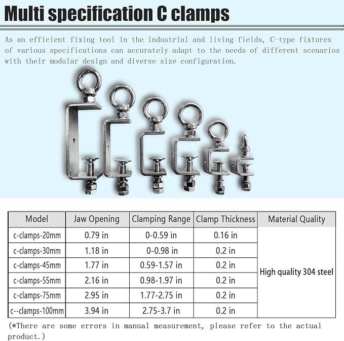 2-Pack Small C Clamps – 304 Stainless Steel Beam Clamps with M10 Screw Ring | Adjustable, Rust-Resistant I Beam Clamps for Ring Beams, Welding, Woodworking, Plants & Desk Use. Wide Jaw Openings(100MM)