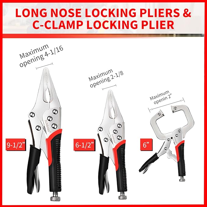 Locking Pliers Set, 6-Piece Vice Grips Pliers Set Long Nose 6-1/2”, 9-1/2” Curved Jaw 5” 7” 10” C-Clamp 6” Adjustable Screw