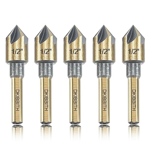 Countersink Drill Bit Set, 5 Pieces High Speed Steel 82 Degree 5 Flute 6mm Round Shank Mill Cutter Bit Countersink in Sizes 1/2" Set with Carrying Case.
