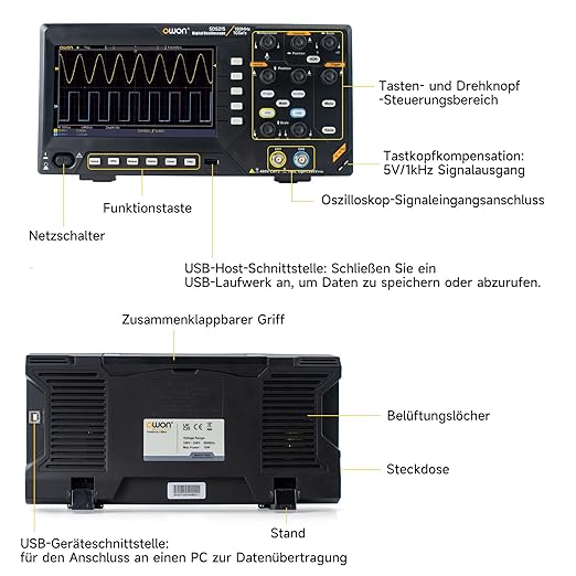 OWON Digital Oscilloscope with Dual-Channel Channels and Screen 7 inch / 18 cm, TFT-LCD Display, Portable Professional Oscilloscope Kit with 1GS/s Sampling Rate, Bandwidth 150MH,SDS215