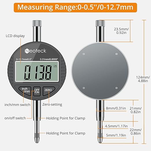 Neoteck Bore Gauge Set Digital Indicator Dial Bore Gauge (2-6"/0.0005") with Self-Centering Dial,Carbide Anvils, Insulated Grips for Deep Engine Cylinder Measurement-Black