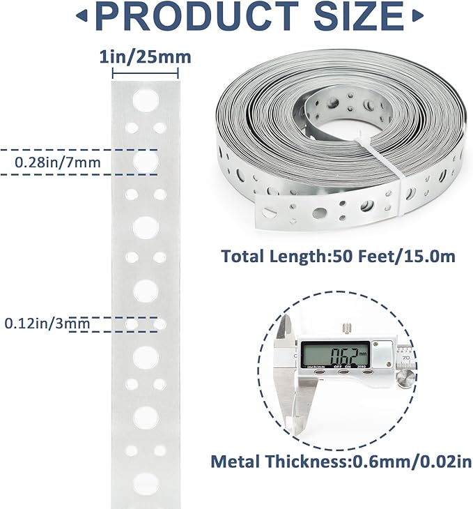 Galvanized Metal Strap 1-Inch x 50Feet, 23-Gauge Pipe Hanger Strap Metal Strapping with Holes Plumbers Strap DIY Cutting for Pipe Supports Hanging