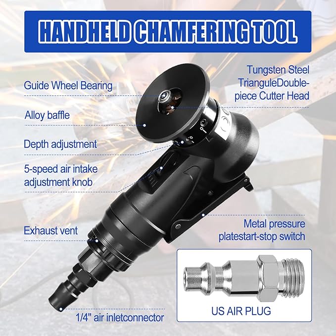 Pneumatic Chamfering Tool, Mini Chamfering Deburring Tool For Metal Beveling Machine Pneumatic Edge Beveler for Metal Trimming, Arc Corner Deburring Linear Beveling Trimming (Black)