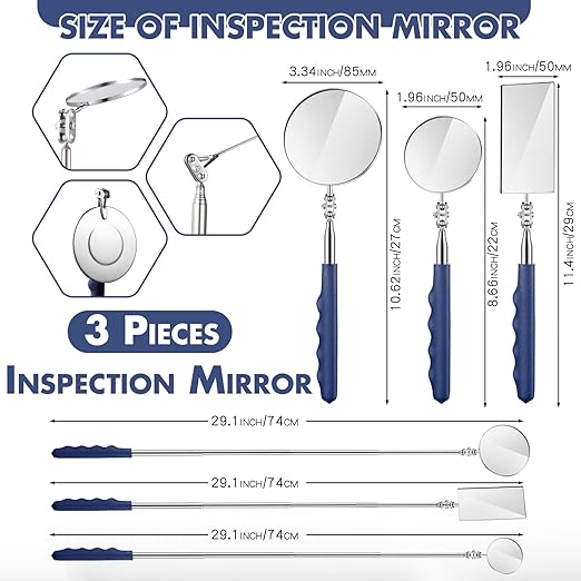 3 Pieces Telescoping Inspection Mirror Stainless Steel Extendable Mechanic Mirror with Long Handle Tool for Technicians Mechanics Contractors(50/85/50 mm,Square,Round,Round)