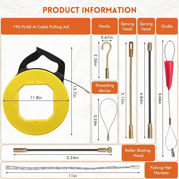Fish Tape Wire Puller- Fiberglass Fish Tape Cable Puller Kit 164FT 3.5mm PET Wire Pulling Tools- Cable Pulling Aid Including 5 Adapters