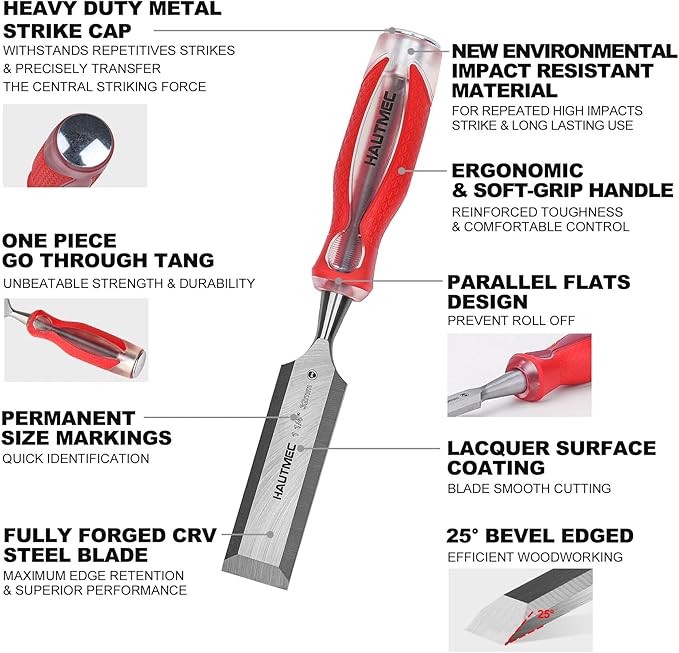 HAUTMEC 1-1/4" Wood Chisel with High-Impact Drop-Forged CRV Steel Blade, Extended Anti-Skid Shock-Absorbing Handle, Professional Grade Beveled Edge Blades & Heavy-Duty Strike Cap – HT0363