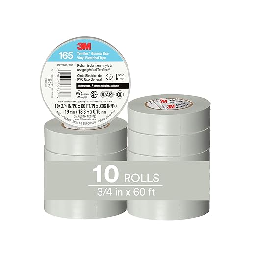 3M Temflex Multi-Purpose Vinyl Electrical Tape 165, Gray, 3/4 in x 60 ft (19 mm x 18 m), 10 Roll Pack