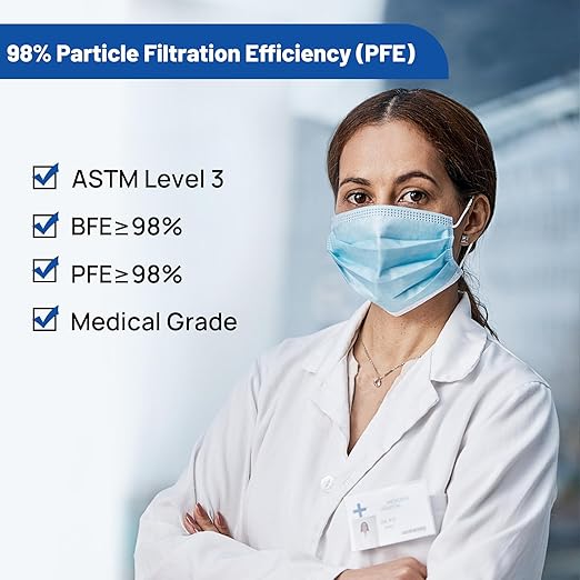 JMU 1000 Pcs 4-Ply ASTM Level 3 Face Masks, Blue Disposable Face Masks, 20 Boxes