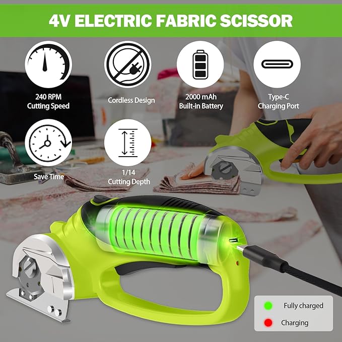 Cordless Electric Scissors, 4V Box Cutter & Cardboard Cutter with Upgrade Blade, LED Light, Safety Lock - Rechargeable Rotary Cutter for Fabric, Leather, Plastic, Crafting, Sewing, Industrial (Green)