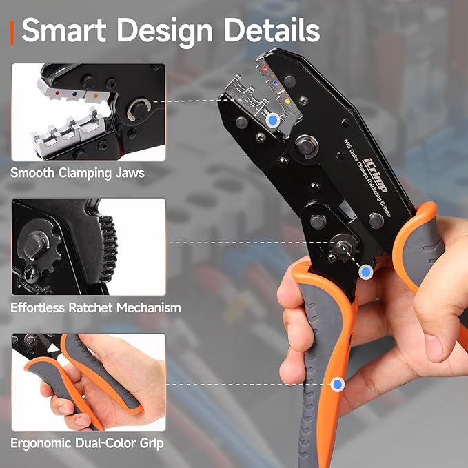 iCrimp 8-Piece Ratcheting Crimping Tool Set with PM Powder-Metallurgy Quick-Exchange Jaws, Crimps Heat-Shrink, Open-Barrel, Insulated & Non-Insulated Ferrules AWG 20-2