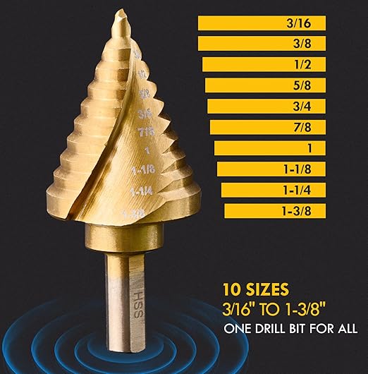 Step Drill Bit Set, 3/16" to 1-3/8", 3/8“ Hex Shank High Speed Steel Step Drill Bit for Stainless Steel, Metal, Aluminum, Copper, Wood, PVC