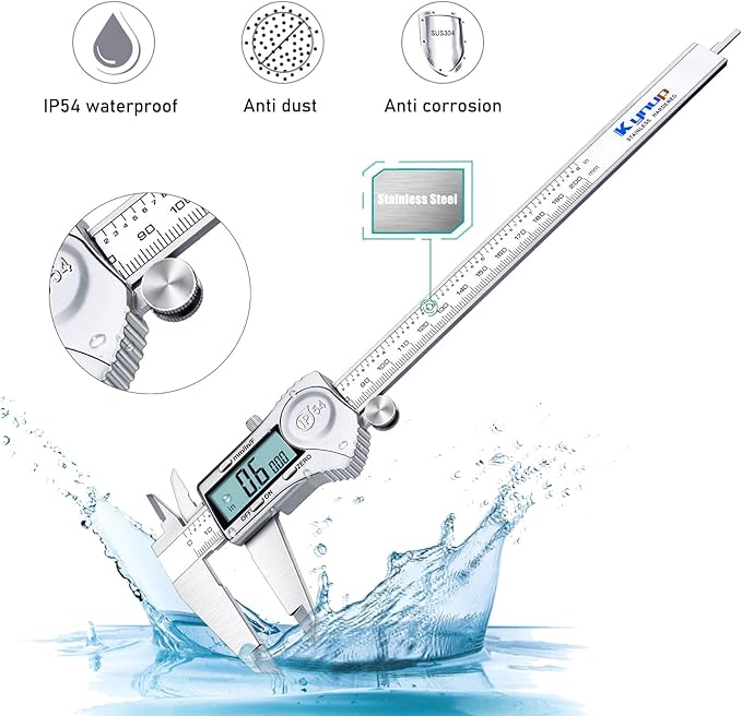 Kynup Digital Caliper, 8 Inch Caliper Measuring Tool with Stainless Steel, IP54 Splash Proof Protection Design, Easy Switch from Inch Metric Fraction, Large LCD Screen (200mm)