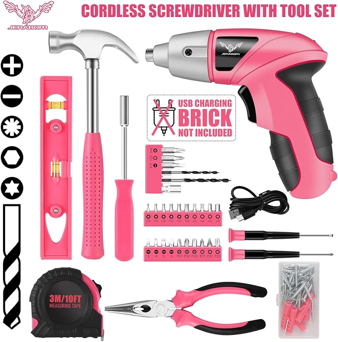 Pink Household Tool Set with 3.6V USB Electric Screwdriver, 112 PCS Home Tool Kit with Cordless Lithium-ion Drill Driver, Hand Tool Kits for Women