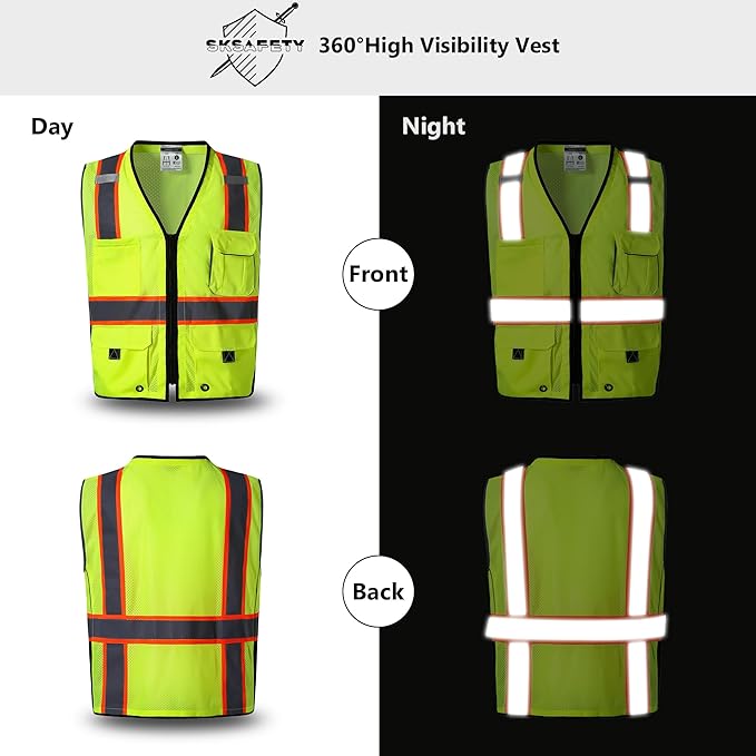 SKSAFETY 10 Pockets Professional Safety Vest, Class 2 High Visibility, ANSI/ISEA Standard, Construction Work Vest (Lime, 3XL)