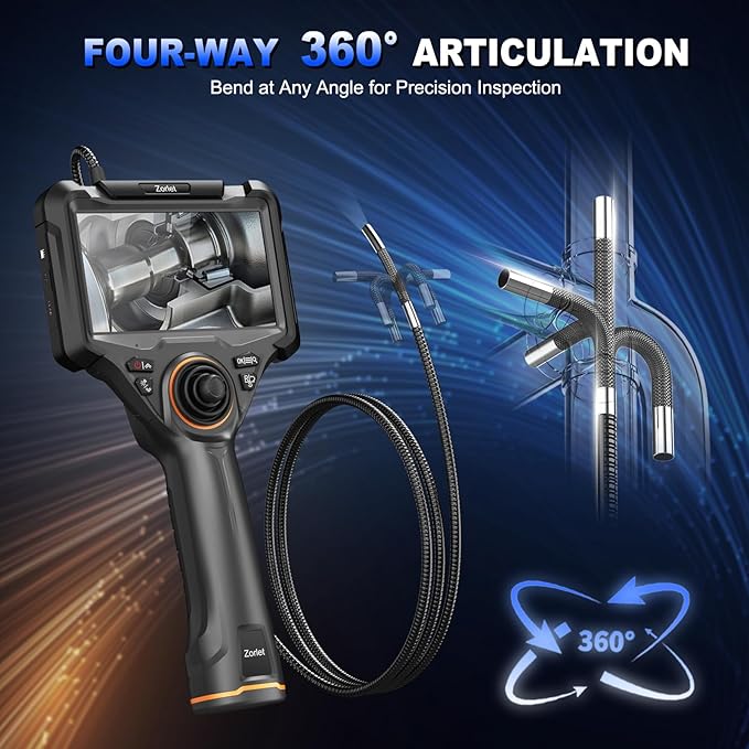 360 Articulating Borescope, 5" Monitor, 6.2mm Industrial Inspection Camera with 4-Way Joystick Articulation and 3.3FT Semi-Rigid Snake Tube, HD Endoscope for Automotive, Pipe & Equipment