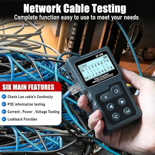 NF-488 Network Cable Testers RJ45 Continuity Checking CAT5 CAT6 LAN Ethernet Cables POE Ethernet Power Tester DC Power & Switch Loop-Back Test POE Detector Network Tool