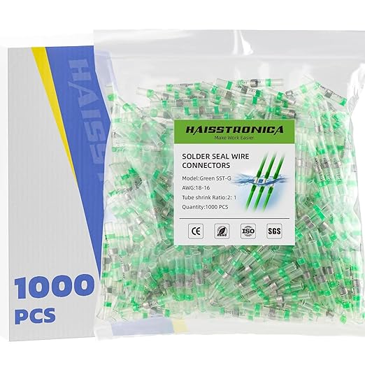 haisstronica 1000PCS Green Solder Seal Wire Connectors, 18-16 AWG Marine Grade Waterproof Electrical Butt Terminals